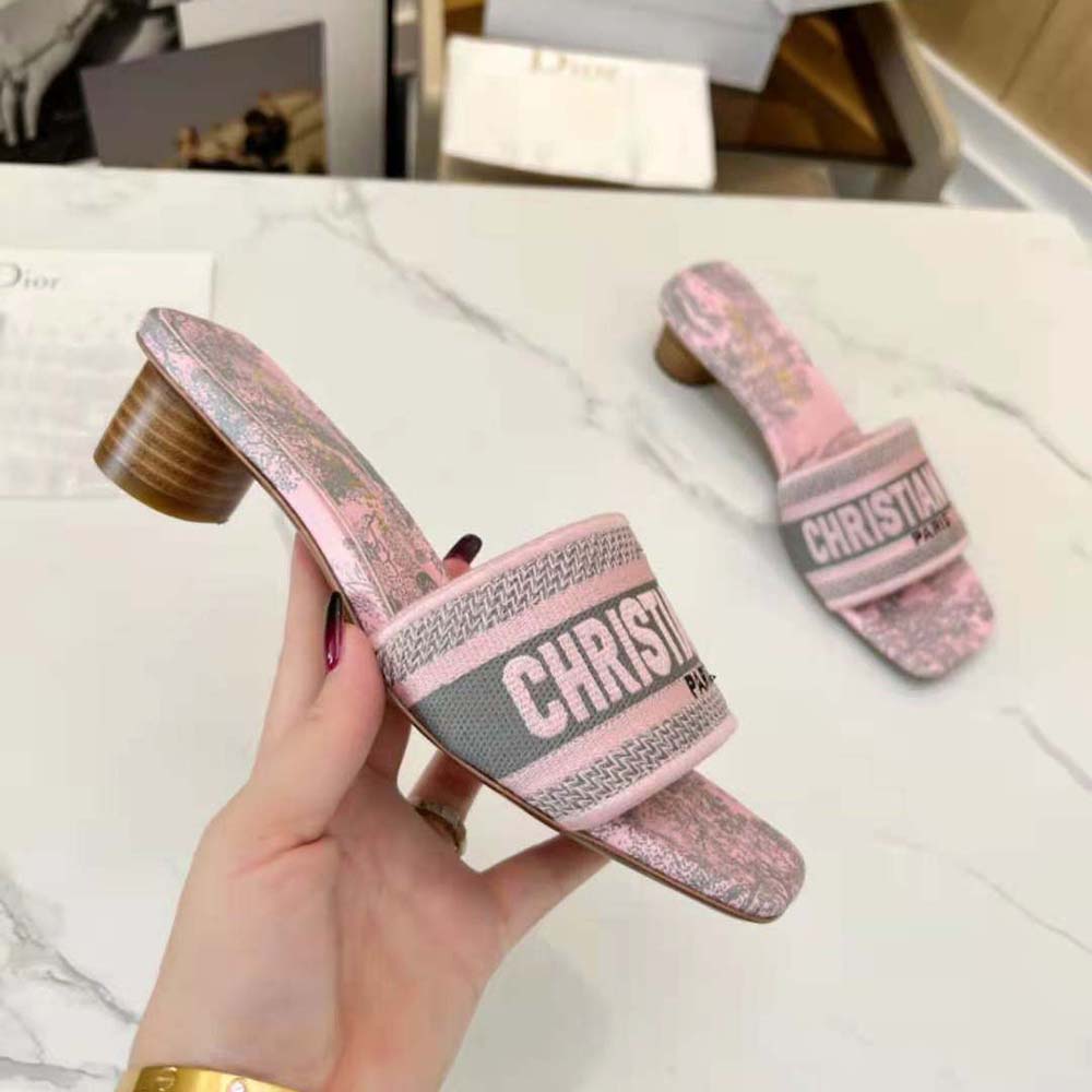 Dior Women Dway heeled Slide Gray and Pink Embroidered Cotton with Toile de Jouy Reverse Motif - image 5