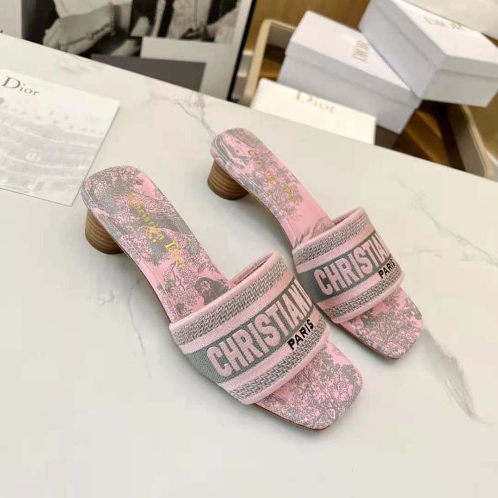 Dior Women Dway heeled Slide Gray and Pink Embroidered Cotton with Toile de Jouy Reverse Motif - image 4