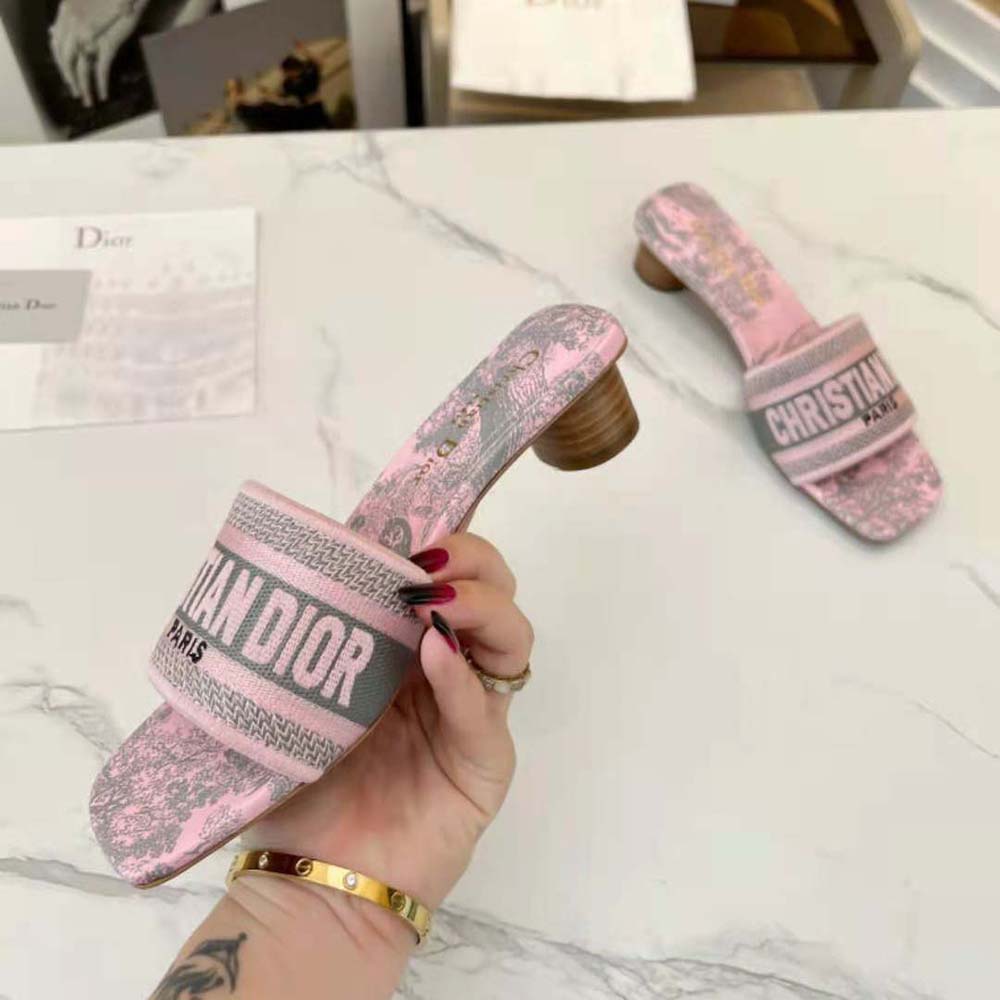 Dior Women Dway heeled Slide Gray and Pink Embroidered Cotton with Toile de Jouy Reverse Motif - image 6
