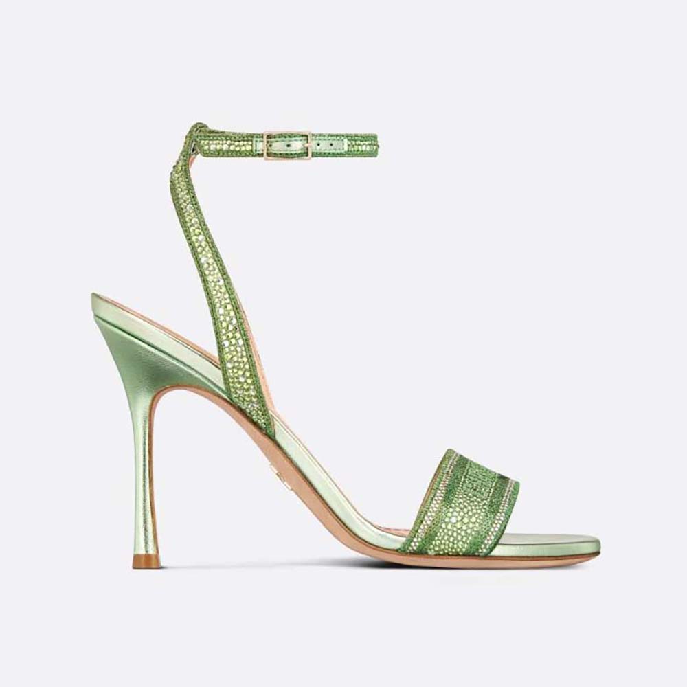 Side view of Dior Women Dway Heeled Slide Green Cotton Embroidered with Metallic Thread and Strass