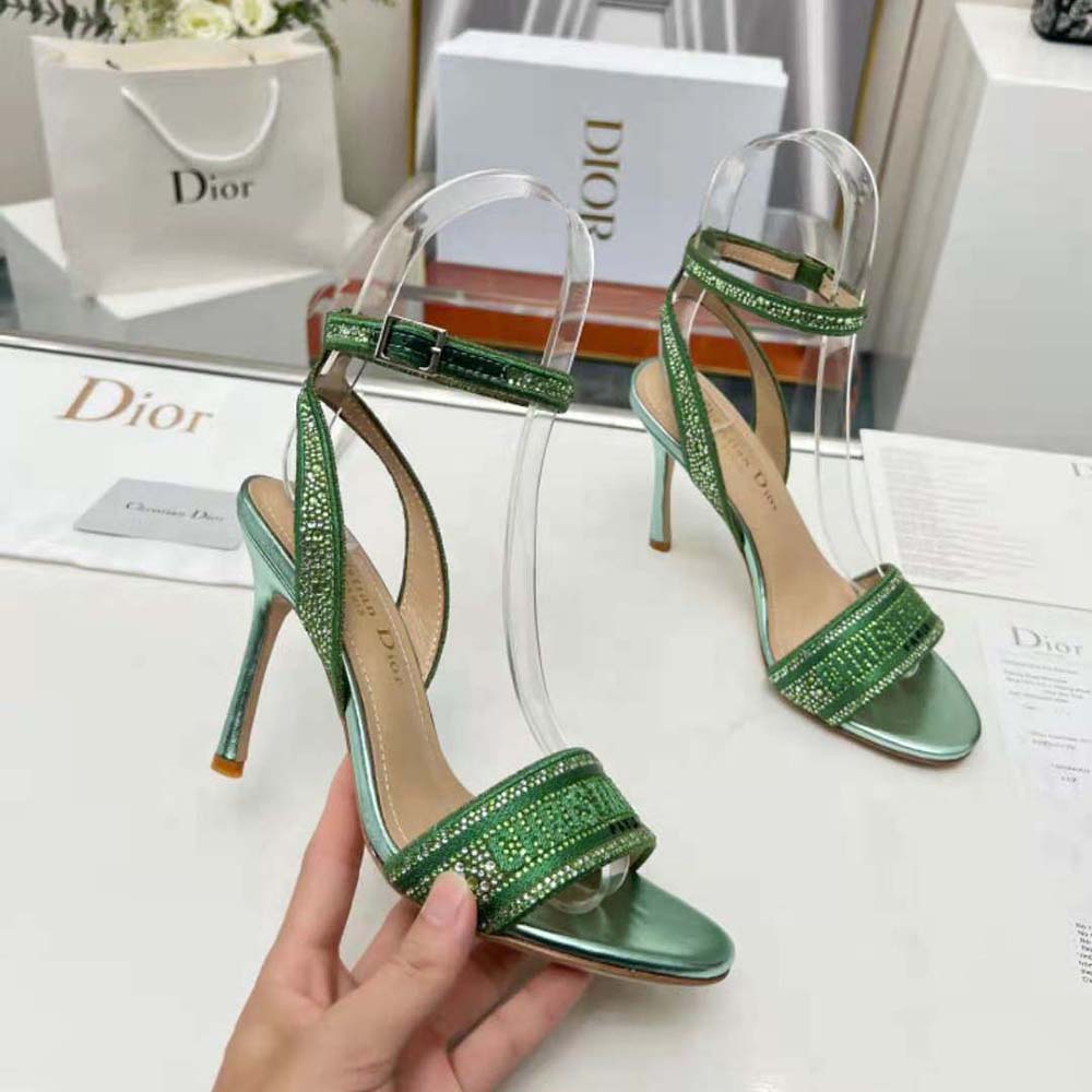 Dior Women Dway Heeled Slide Green Cotton Embroidered with Metallic Thread and Strass - image 5