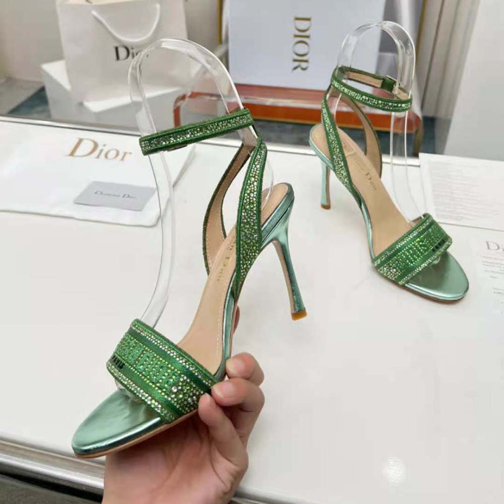 Dior Women Dway Heeled Slide Green Cotton Embroidered with Metallic Thread and Strass - image 6