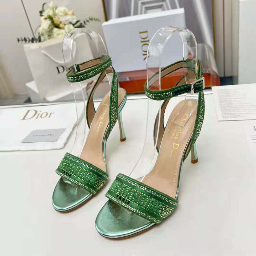 Dior Women Dway Heeled Slide Green Cotton Embroidered with Metallic Thread and Strass - image 4