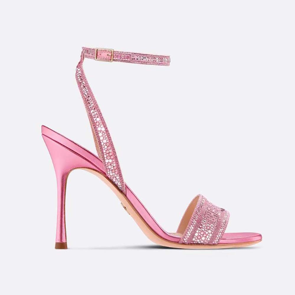 Side view of Dior Women Dway Heeled Slide pink embroidered sandal