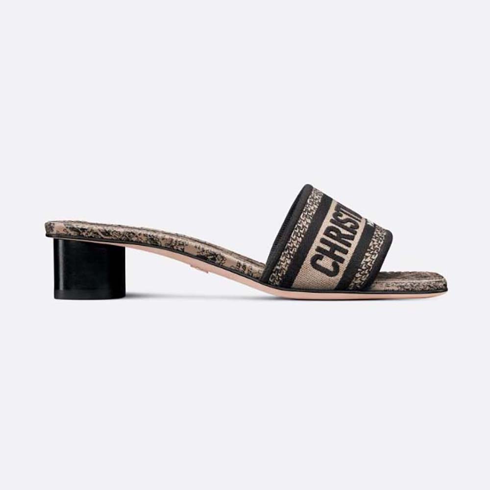 Side profile of Dior Women Dway Heeled Slide with embroidered Plan de Paris motif