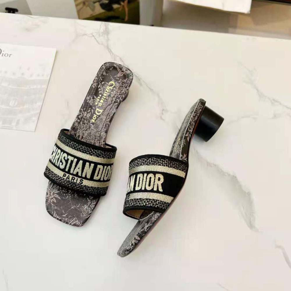 Dior Women Dway Heeled Slide Beige and Black Cotton Embroidered with Plan de Paris Motif - image 6