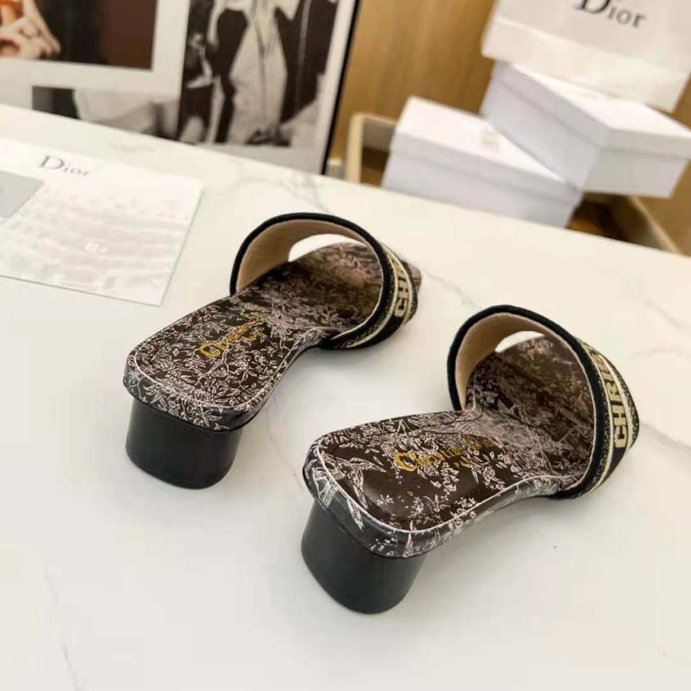 Dior Women Dway Heeled Slide Beige and Black Cotton Embroidered with Plan de Paris Motif - image 8
