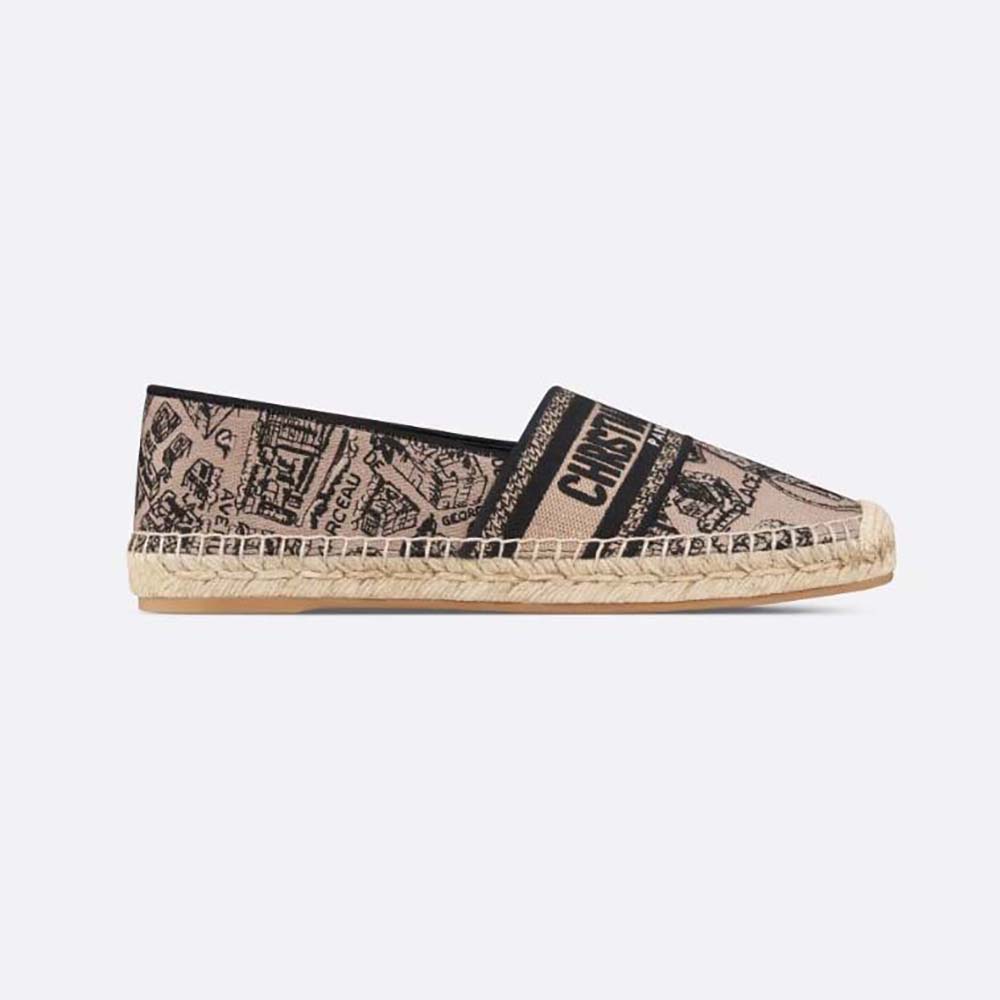 Side view of Dior Women Granville Espadrille Beige and Black Cotton Embroidered