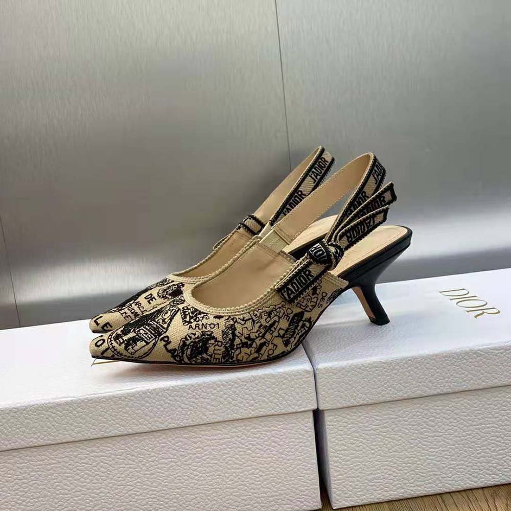 Dior Women J’Adior Slingback Pump Beige and Black Cotton Embroidered with Plan de Paris Motif - image 5