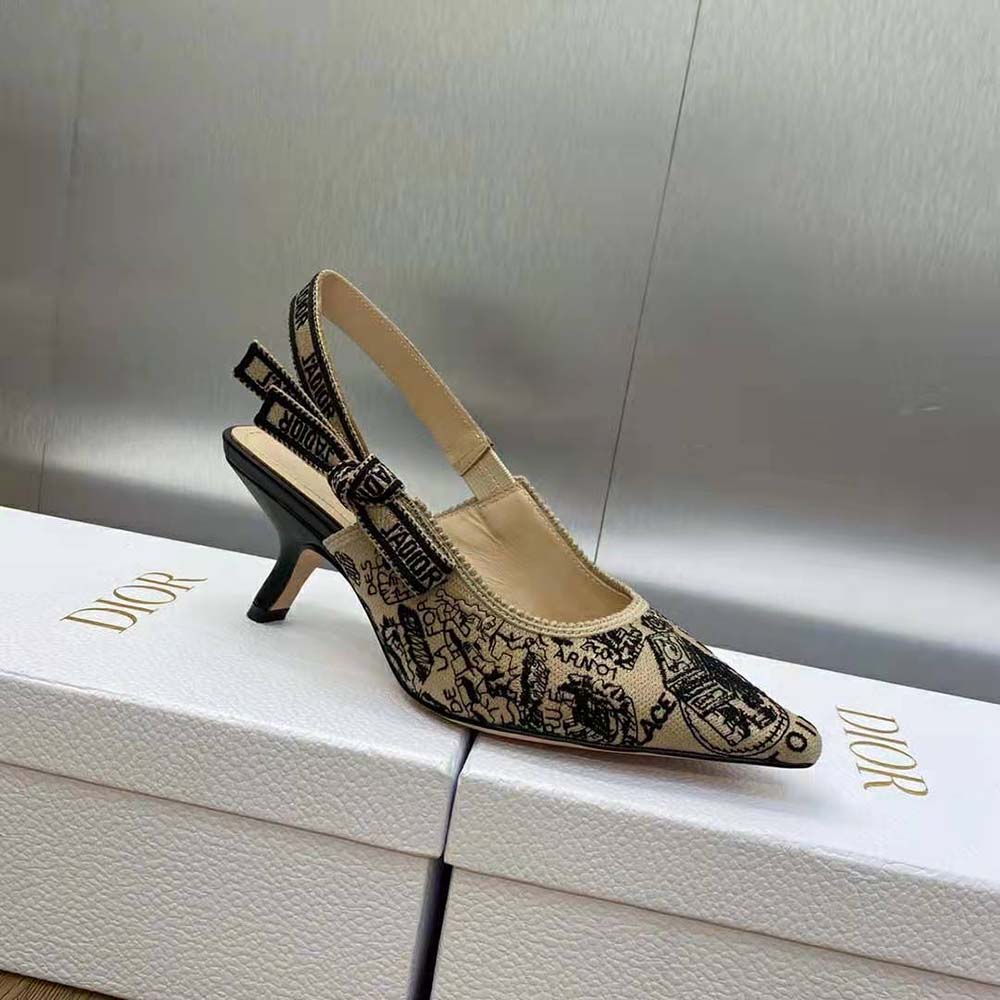 Dior Women J’Adior Slingback Pump Beige and Black Cotton Embroidered with Plan de Paris Motif - image 6