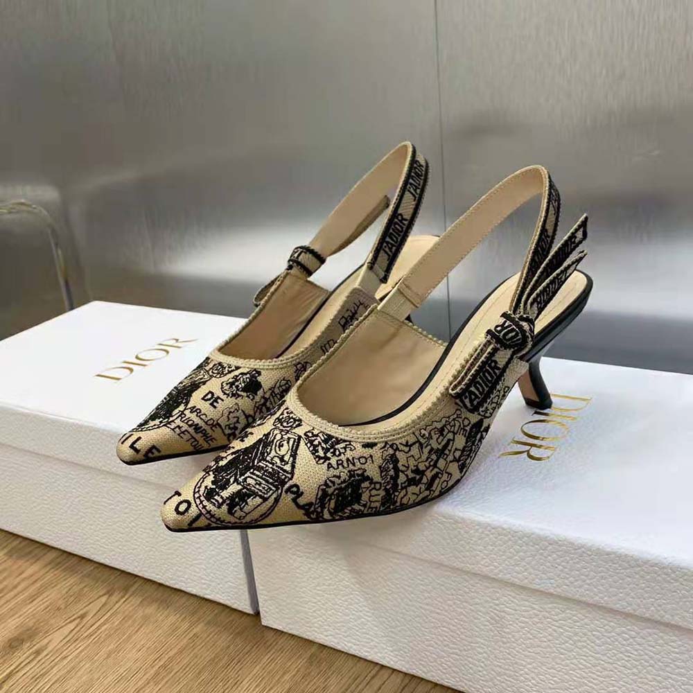 Dior Women J’Adior Slingback Pump Beige and Black Cotton Embroidered with Plan de Paris Motif - image 4