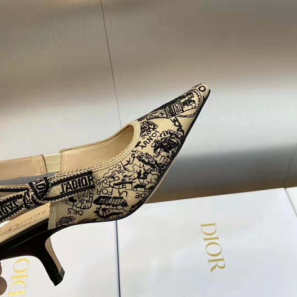 Dior Women J’Adior Slingback Pump Beige and Black Cotton Embroidered with Plan de Paris Motif - image 9