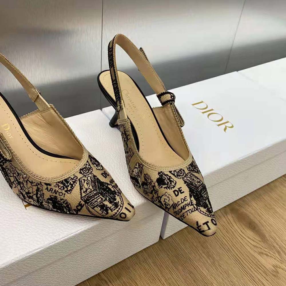 Dior Women J’Adior Slingback Pump Beige and Black Cotton Embroidered with Plan de Paris Motif - image 8