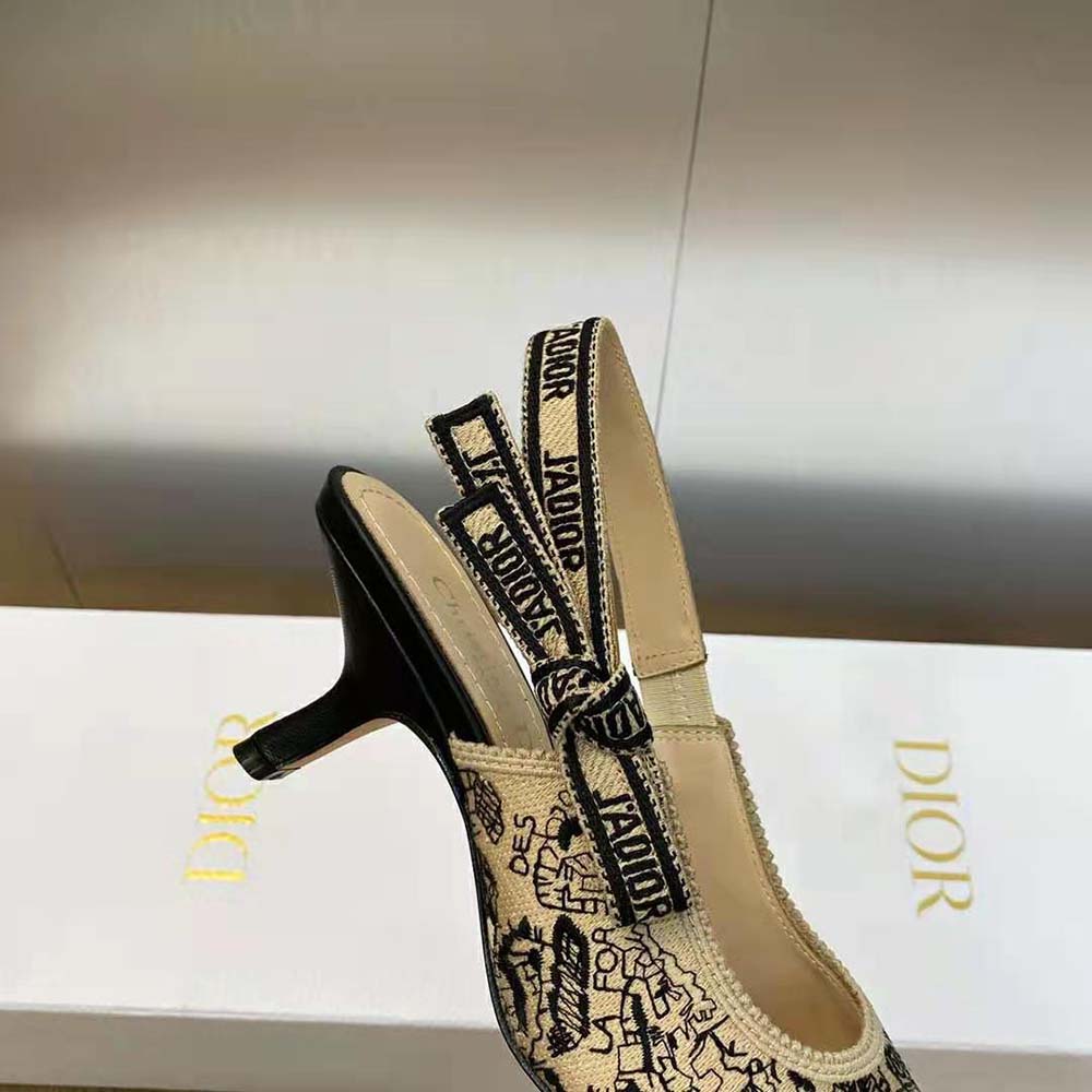 Dior Women J’Adior Slingback Pump Beige and Black Cotton Embroidered with Plan de Paris Motif - image 7