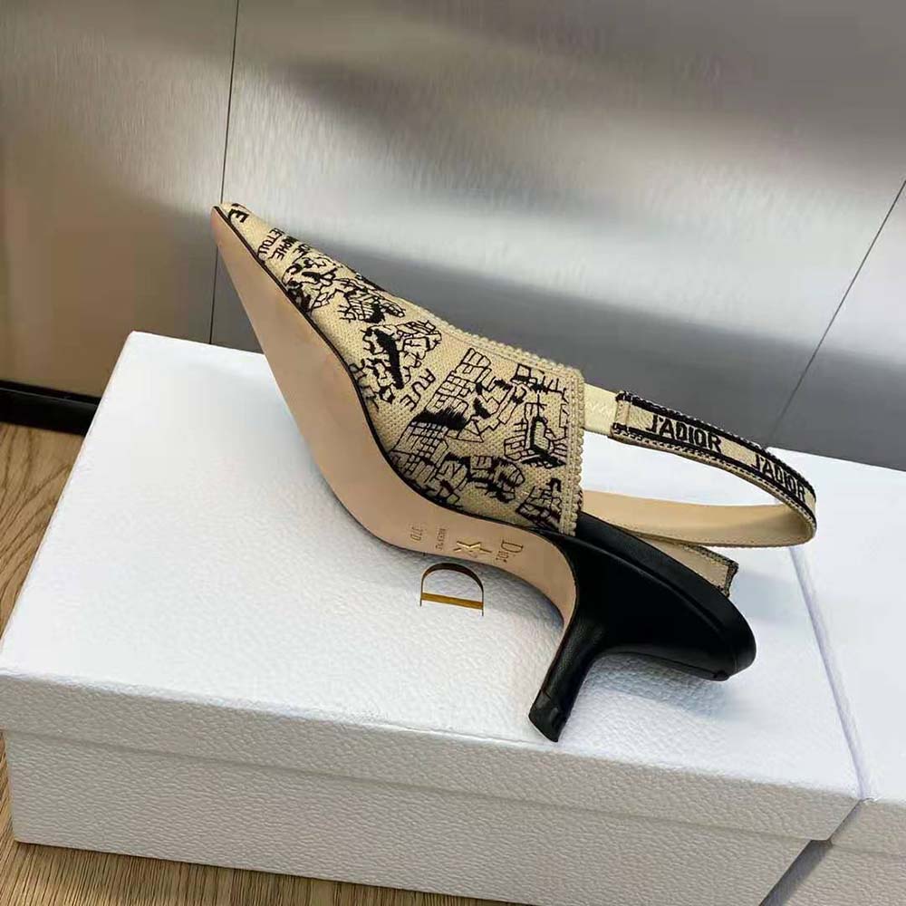 Dior Women J’Adior Slingback Pump Beige and Black Cotton Embroidered with Plan de Paris Motif - image 10