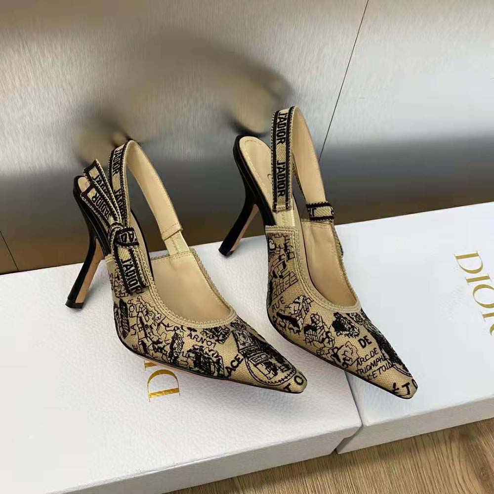 Dior Women J’Adior Slingback Pump Black and Beige Cotton Embroidered with Plan de Paris Motif - image 5