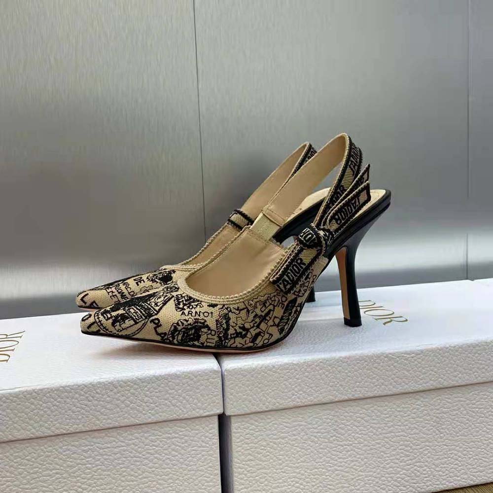 Rear view showing adjustable slingback strap and ‘J’Adior’ detail on pump
