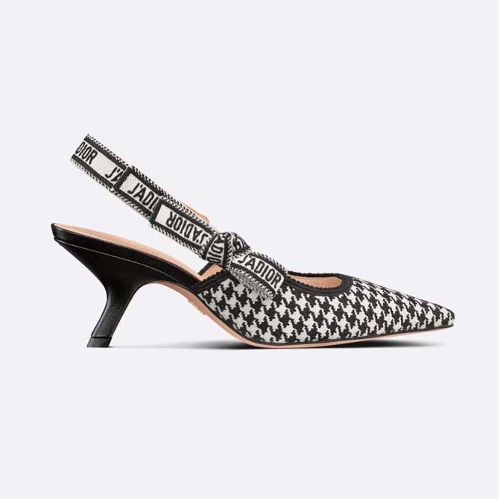 Front angle view of Dior Women J’Adior Slingback Pump Black and White Micro-Houndstooth Embroidered Cotton