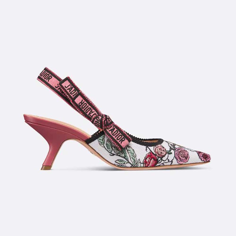 Front angle of Dior Women J’Adior Slingback Pump pink multicolor embroidery