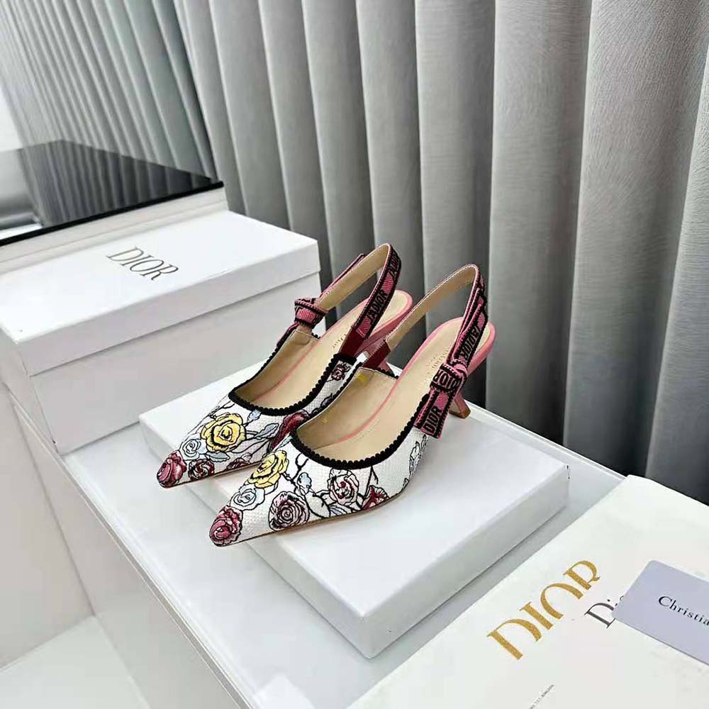 Side view showing signature metallic Dior logo on slingback strap
