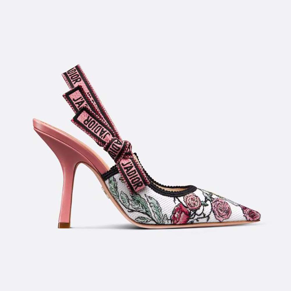 Side view of Dior Women J’Adior Slingback Pump white multicolor embroidery