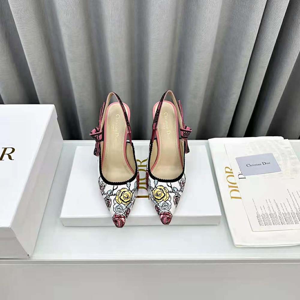 Close-up of floral embroidery on Dior Women J’Adior Slingback Pump pink cotton