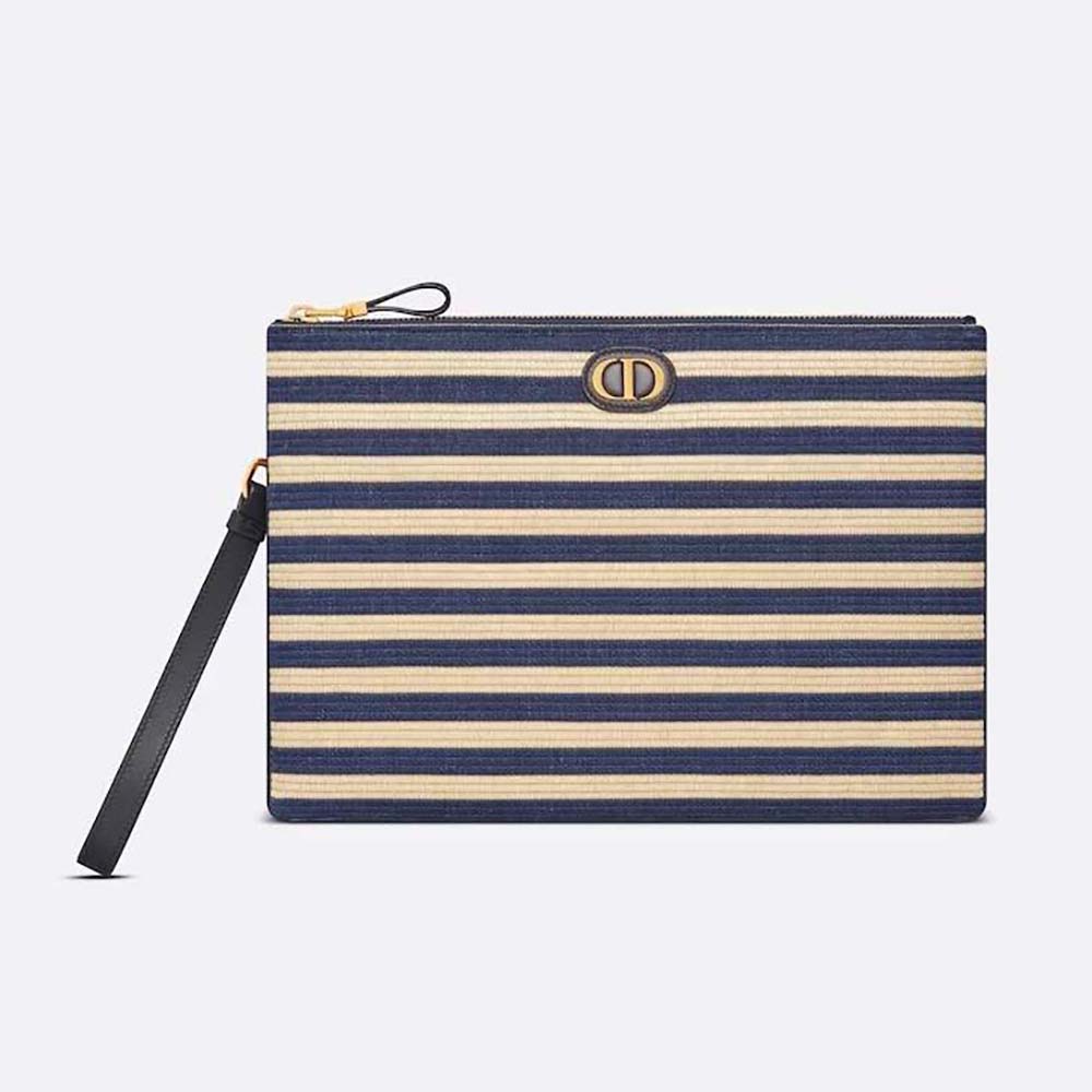 Front view of Dior Women Large Dior Caro Ddaily Pouch Natural and Denim Blue Marinière Raffia
