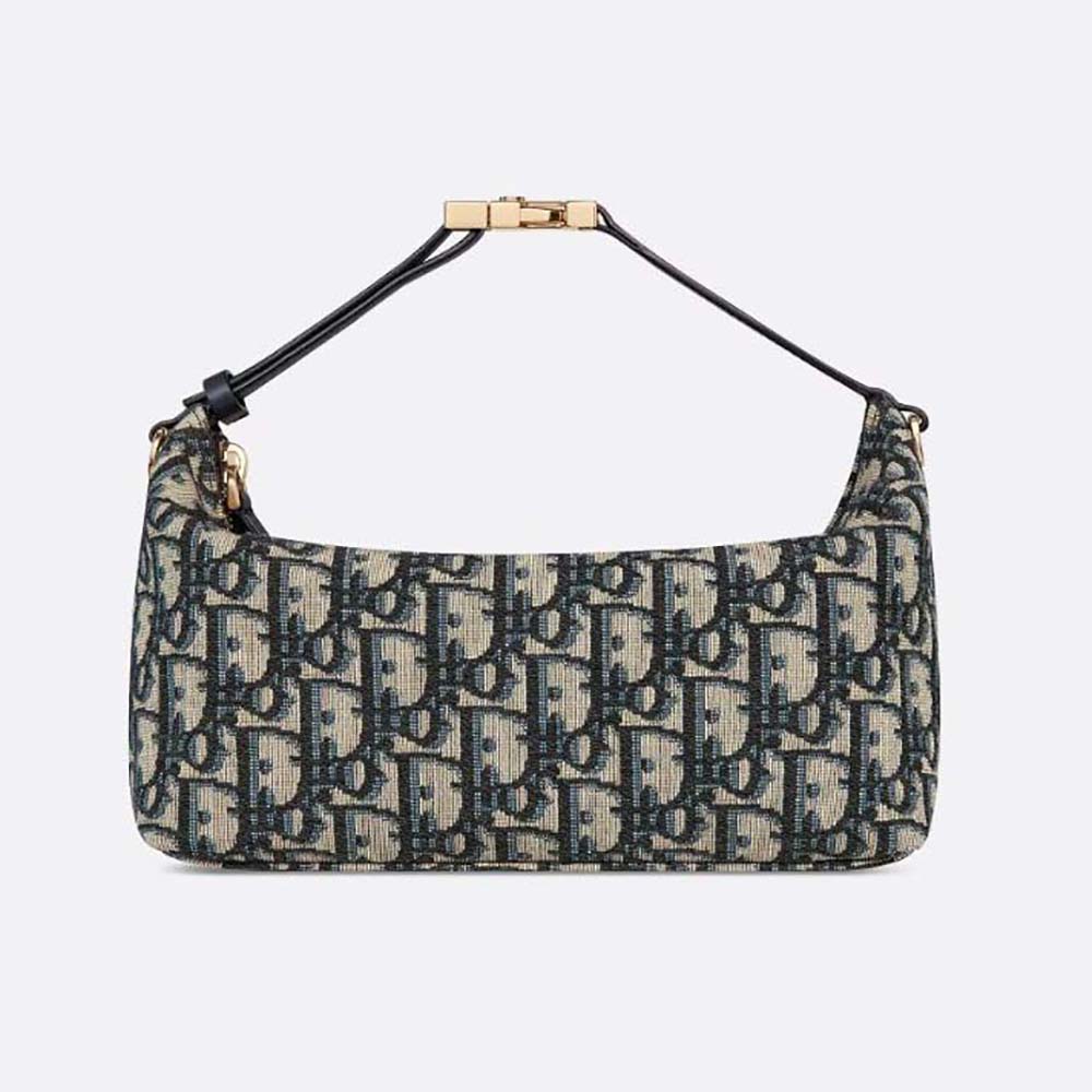 Front view of Dior Women Medium Diortravel Nomad Pouch Blue Dior Oblique Jacquard