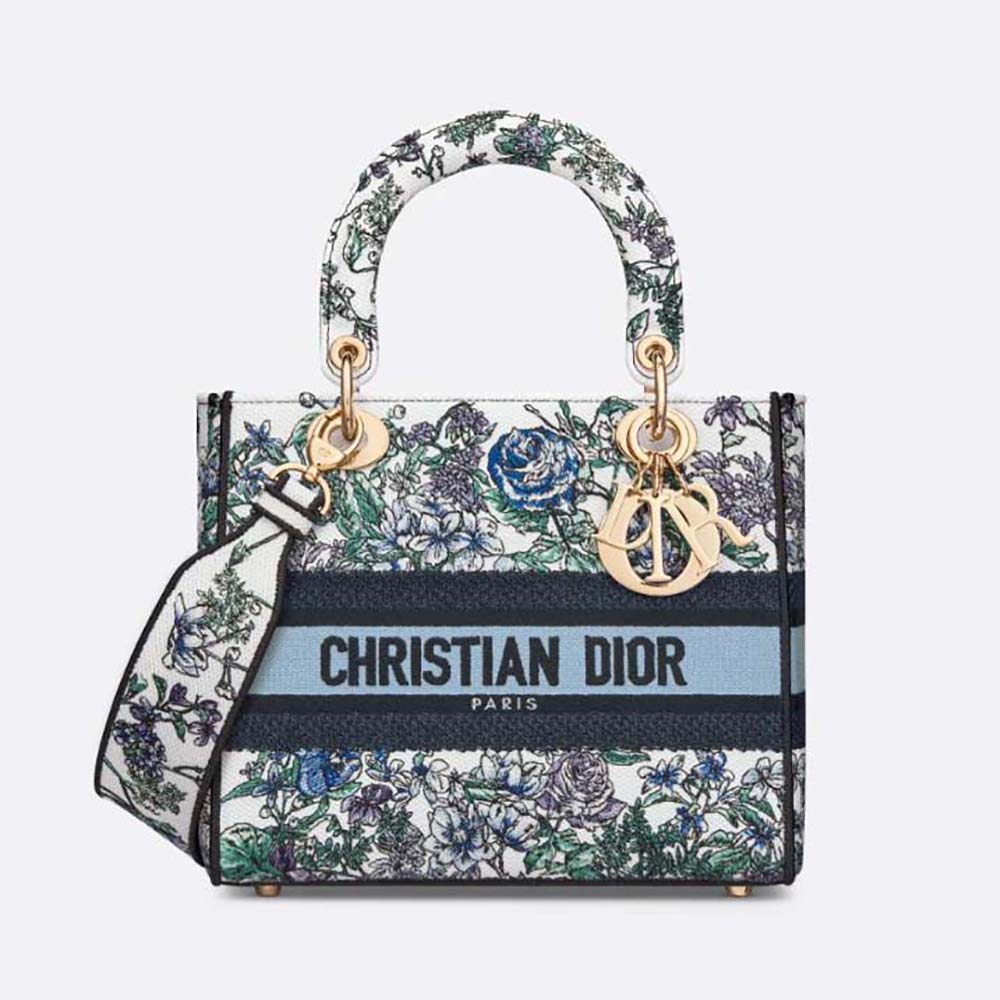 Dior Women Medium Lady D-Lite Bag White Multicolor Flowers Constellation Embroidery