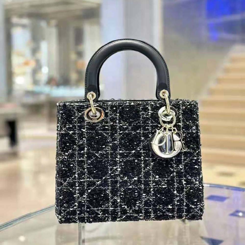 Close-up of silver hardware and Cannage tweed on Dior Lady D-lite