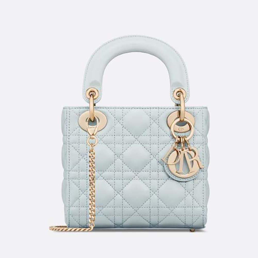 Front view of Dior Women Mini Lady Dior Bag Placid Blue Cannage Lambskin
