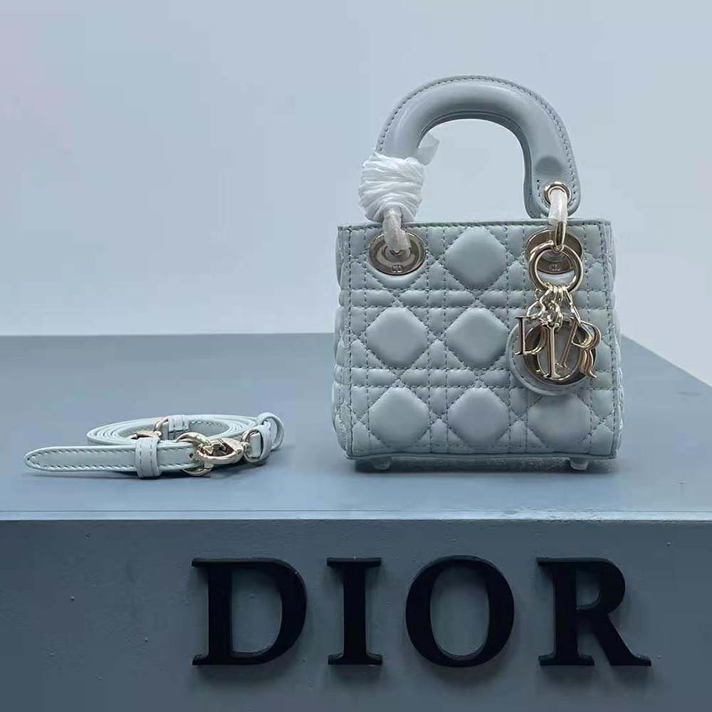 Close-up of cannage lambskin texture on Dior Women Mini Lady Dior Bag