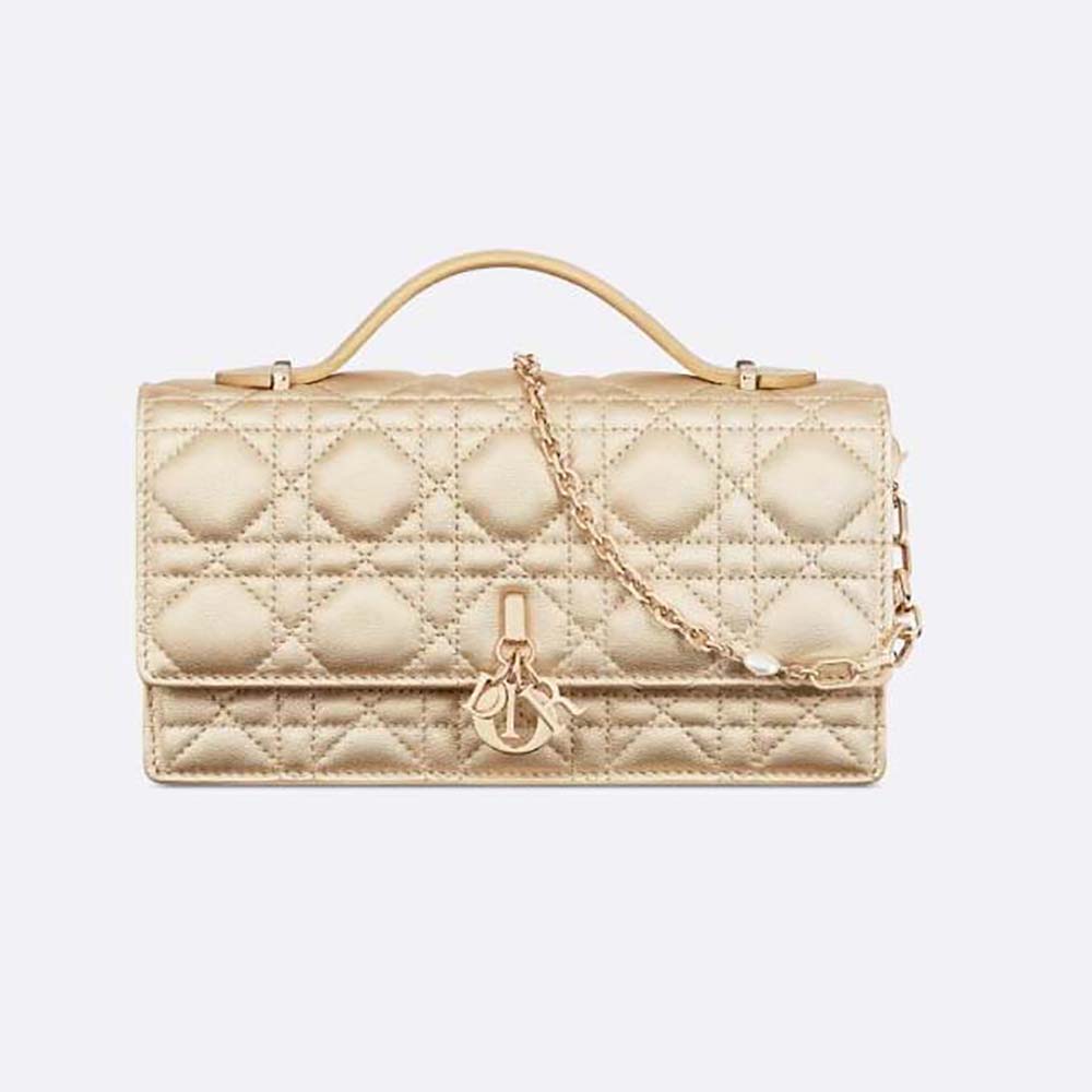 Front view of Dior Women Miss Dior Mini Bag Iridescent Metallic Gold-Tone Cannage Lambskin
