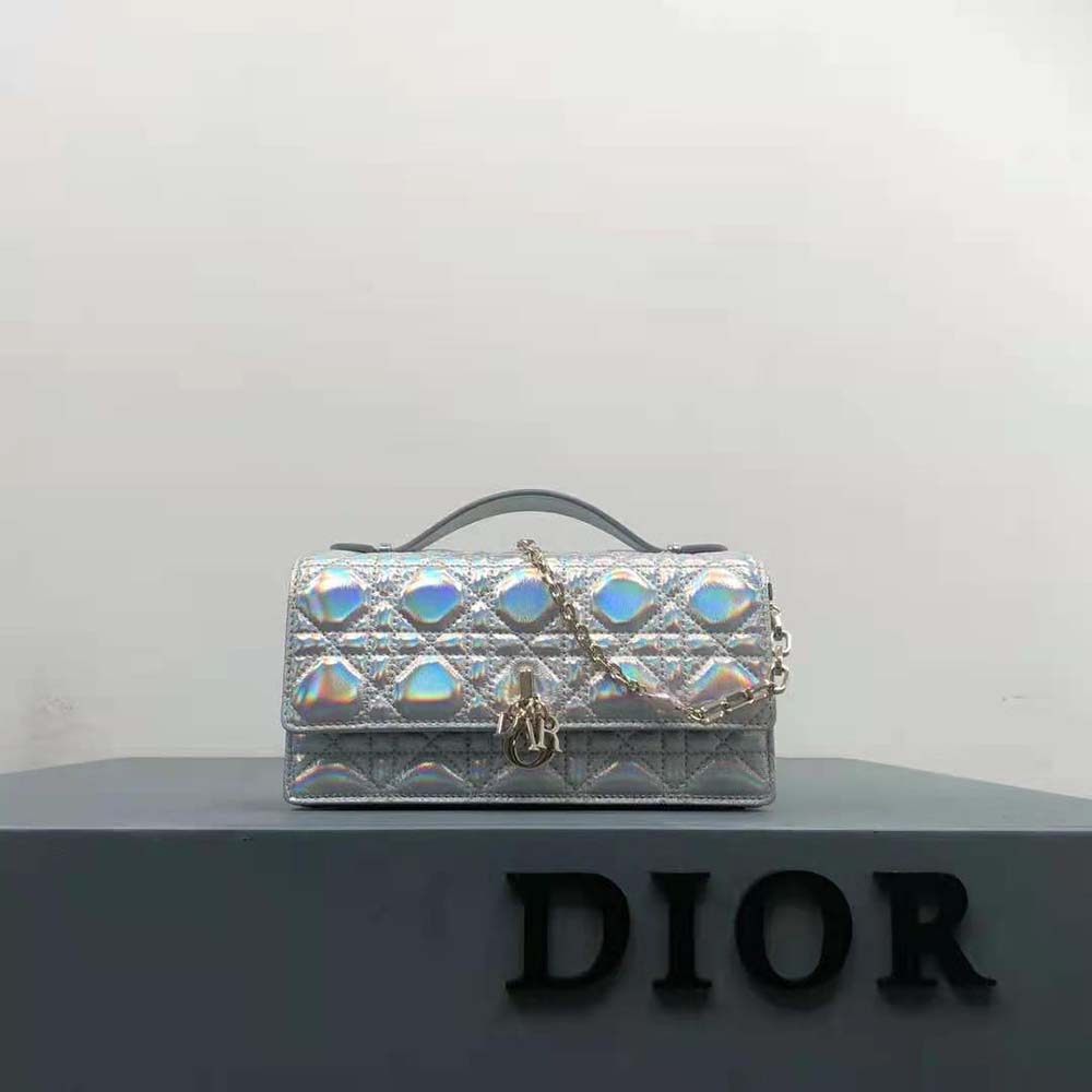 Close-up of Cannage quilting and silver-tone hardware on Dior Women Mini Bag