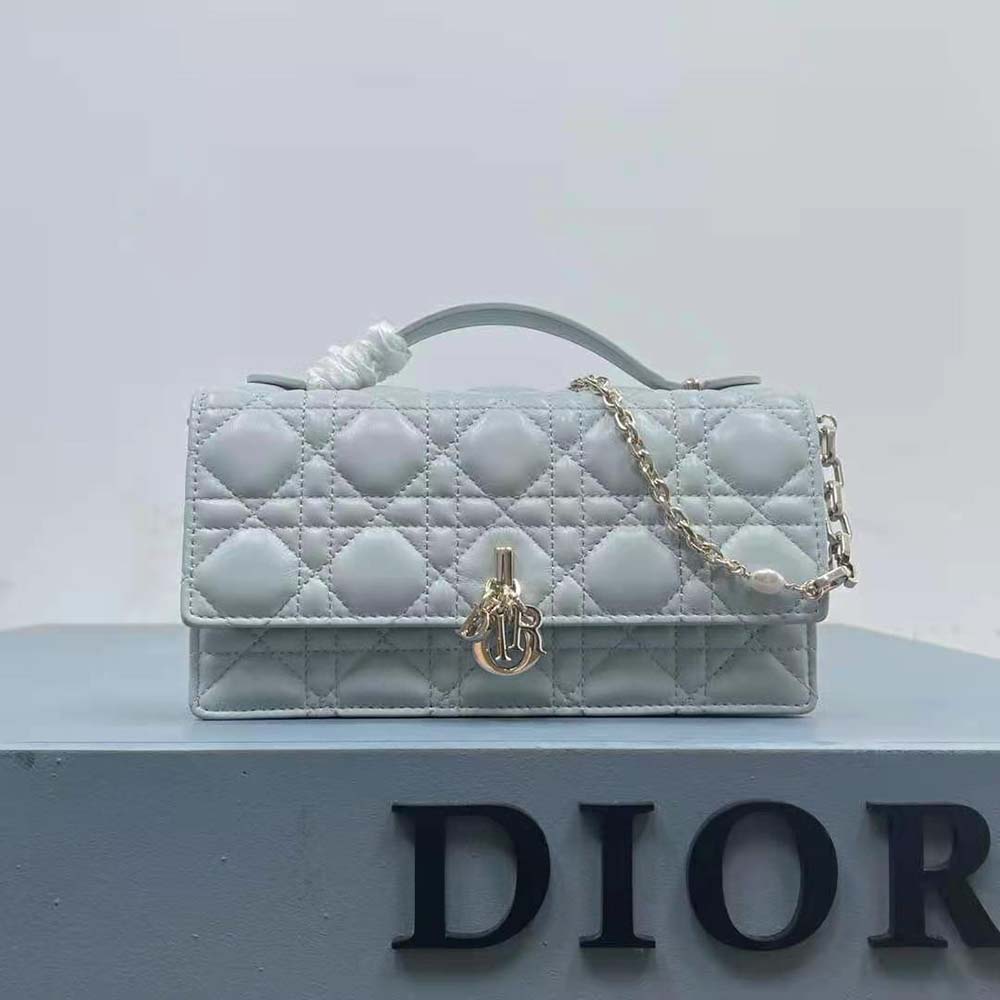 Close-up of silver Cannage hardware on Dior Women Miss Dior Mini Bag