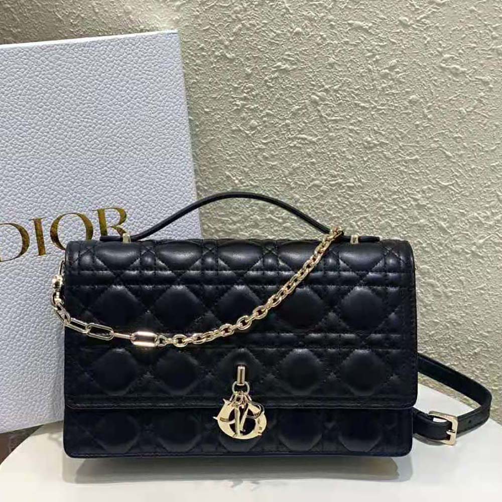Close-up of Cannage quilted lambskin and Dior charm on top handle bag