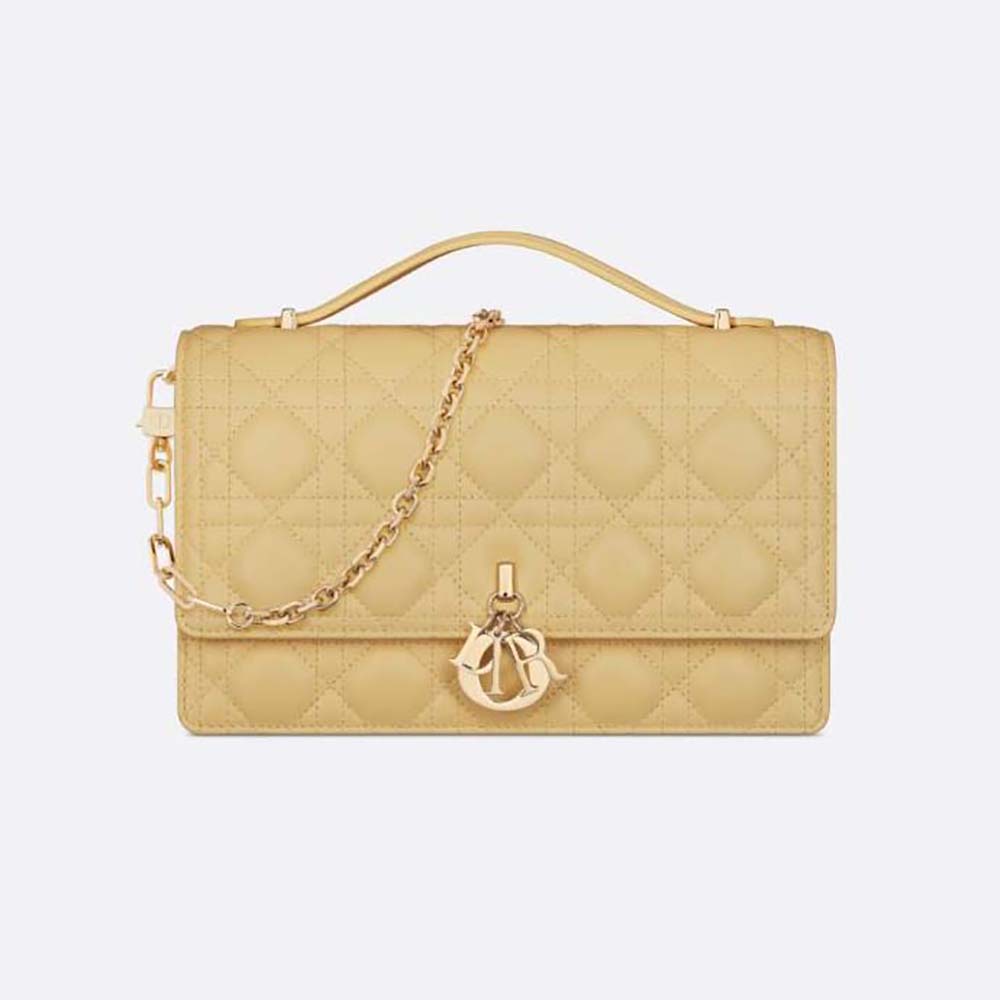 Front view of Dior Women Miss Dior Top Handle Bag Pastel Yellow Cannage Lambskin