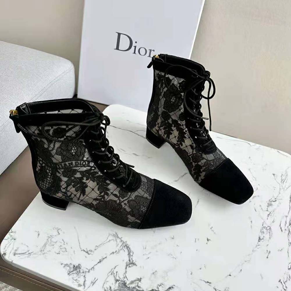 Rear angle showing zip closure and heel of Dior Women Naughtily-d Ankle Boot