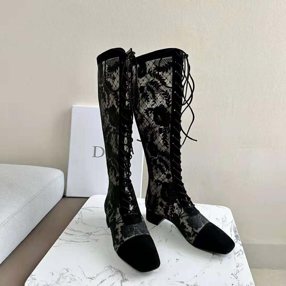 Close-up of black mesh and suede on Dior Women Naughtily-d Ankle Boot