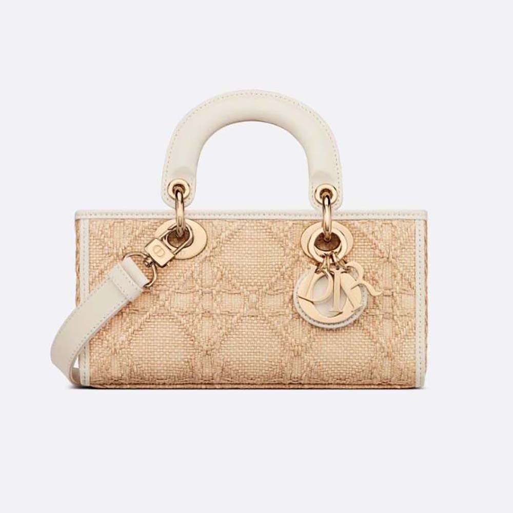 Front view of Dior Women Small Lady D-joy Bag Natural Macrocannage Raffia in beige
