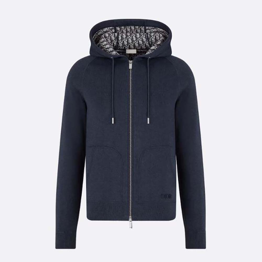 Front view of Dior Women Track Jacket Navy Blue Cotton Knit and Cashmere