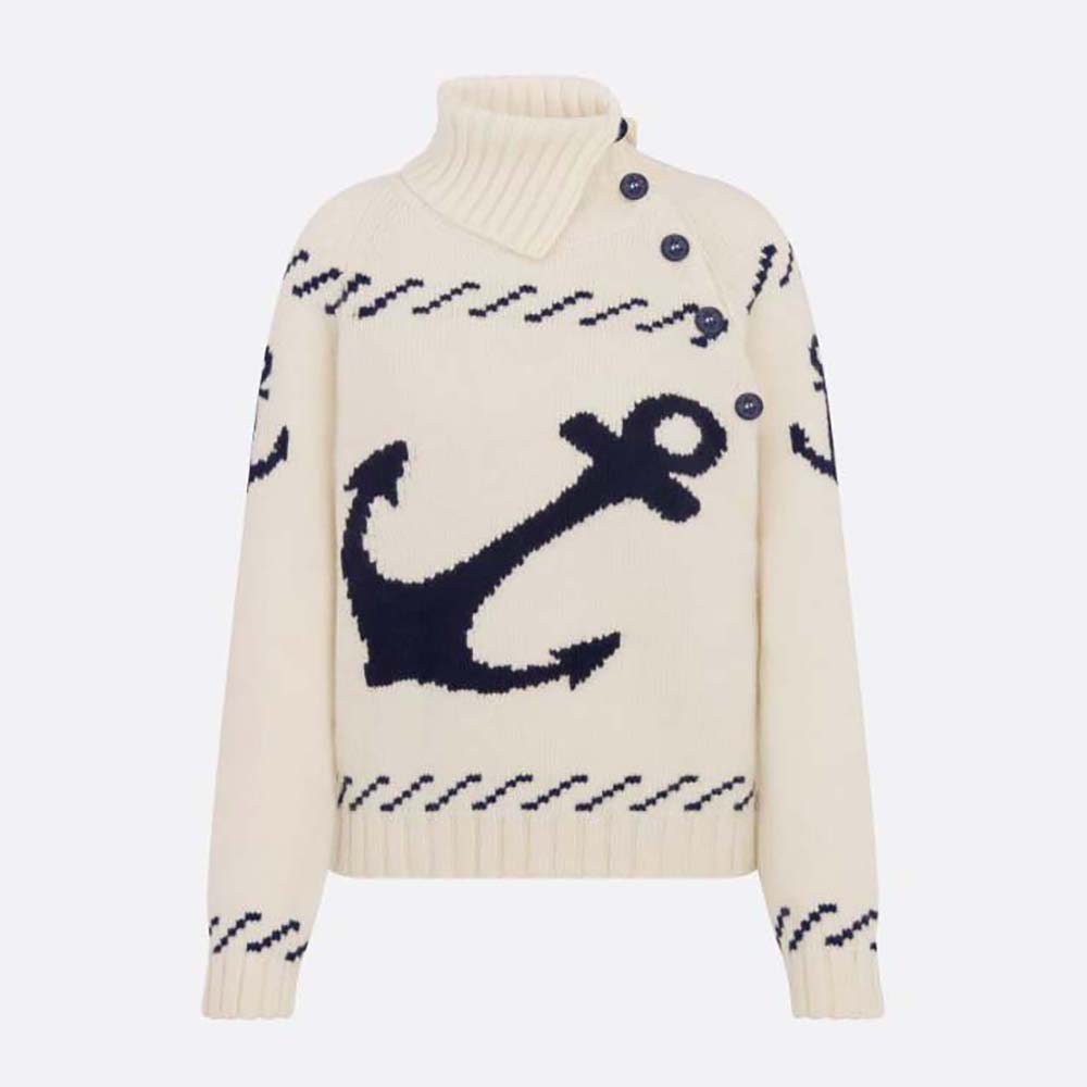 Front view of Dior Men Turtleneck Sweater Ecru and Navy Blue Knit