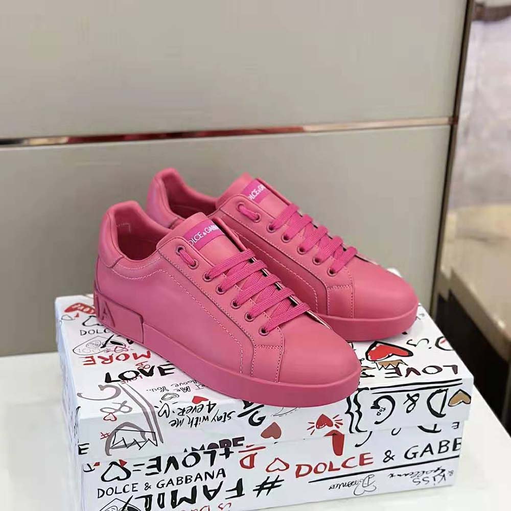 Top angle showing soft calfskin and rose color, Dolce Gabbana Portofino Sneakers