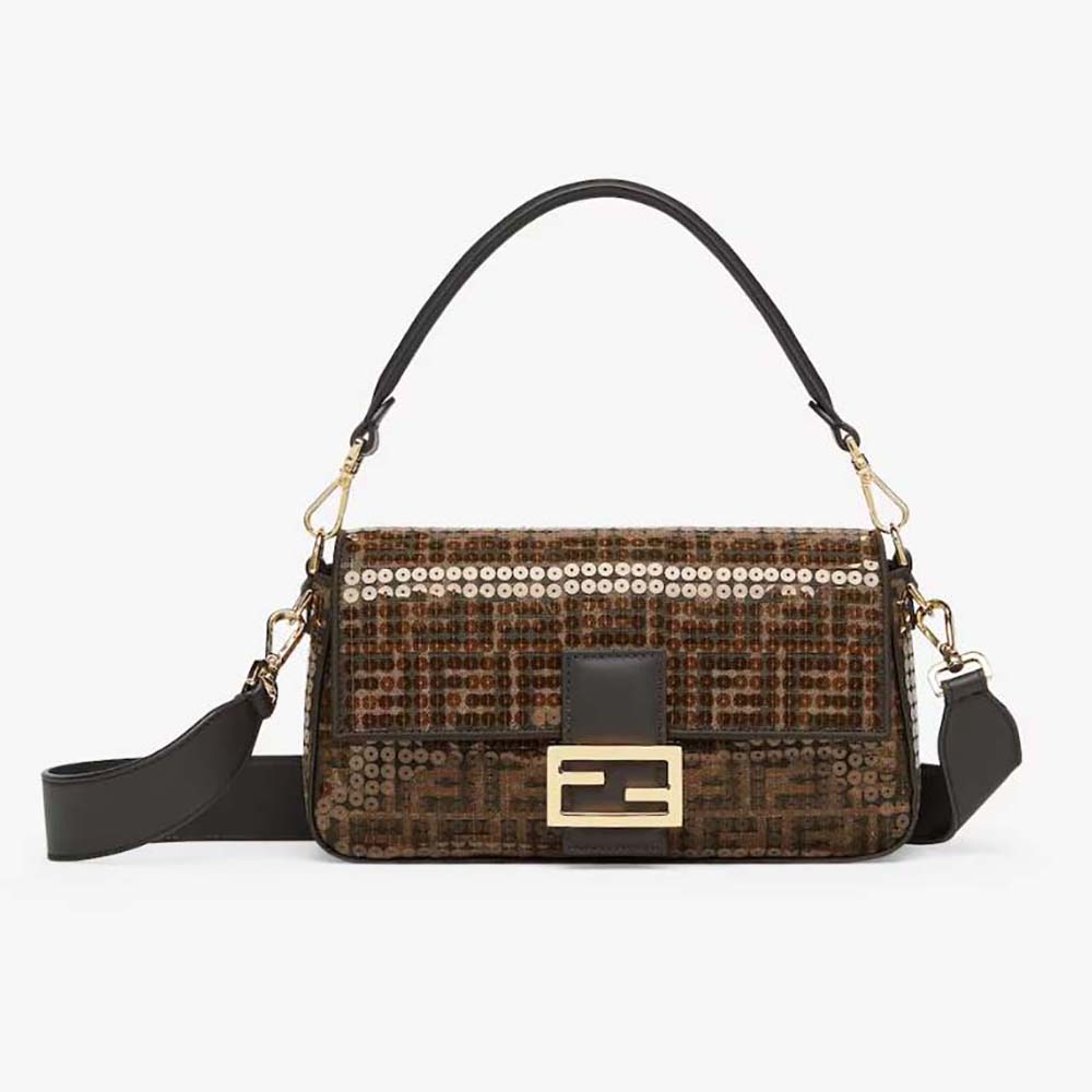 Front view of Fendi Women Baguette Brown FF Jacquard Fabric Bag with Sequins