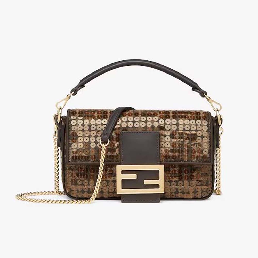 Front view of Fendi Women Baguette Mini Brown FF Jacquard Fabric Bag with Sequins
