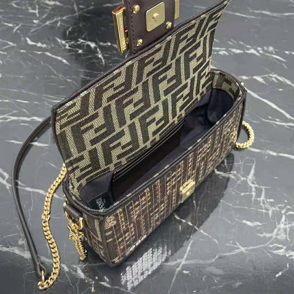 Fendi Women Baguette Mini Brown FF Jacquard Fabric Bag with Sequins - image 6
