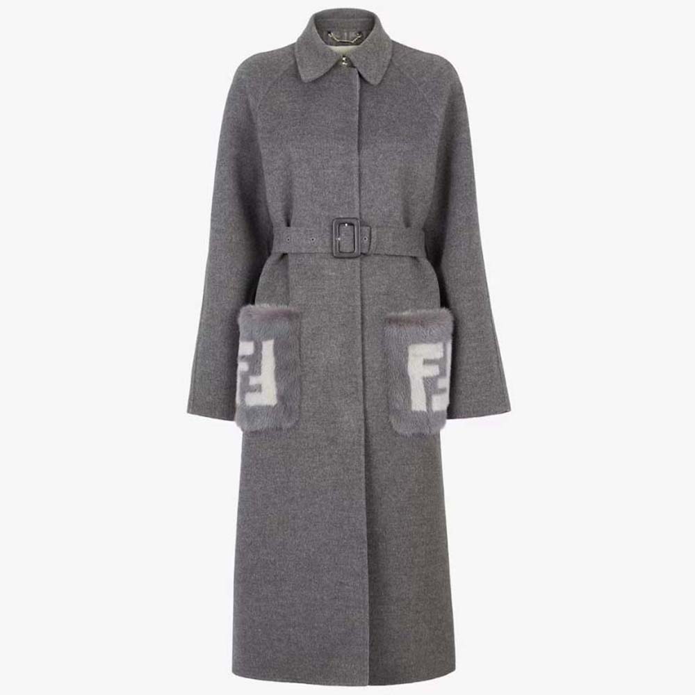 Front view of Fendi Women Coat Gray Wool Overcoat with gold buttons