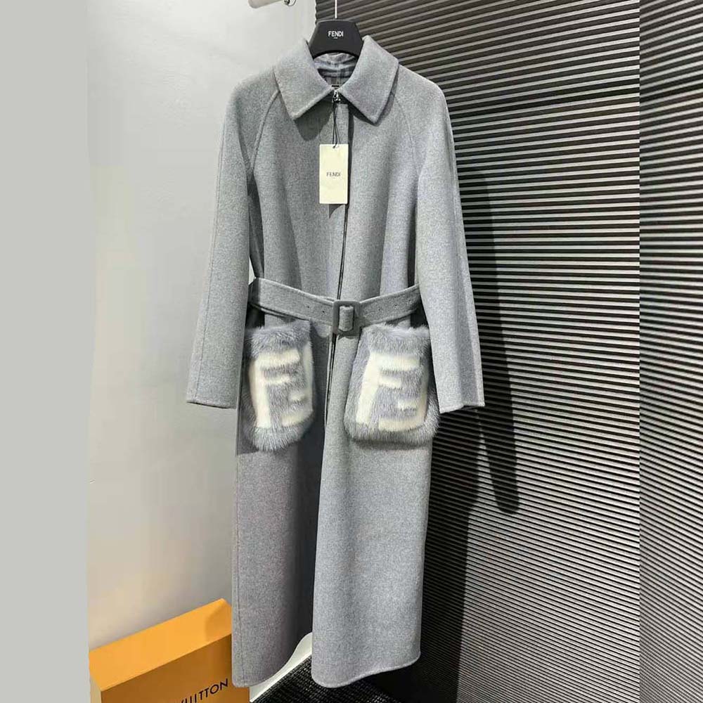 Close-up detail of Fendi Women Coat Gray Wool Overcoat wool texture
