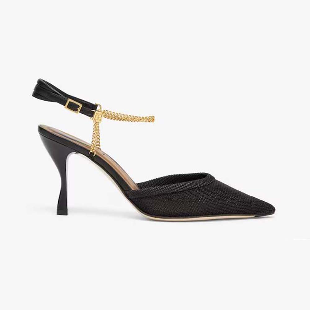 Side profile of Fendi Women Colibrì Lite Black Mesh High-heeled Slingbacks