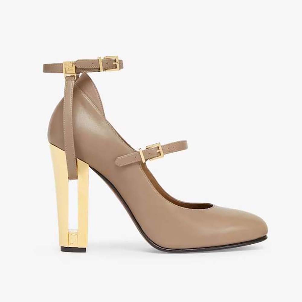Side profile of Fendi Women Delfina Dove Gray Leather High-heeled Court Shoes